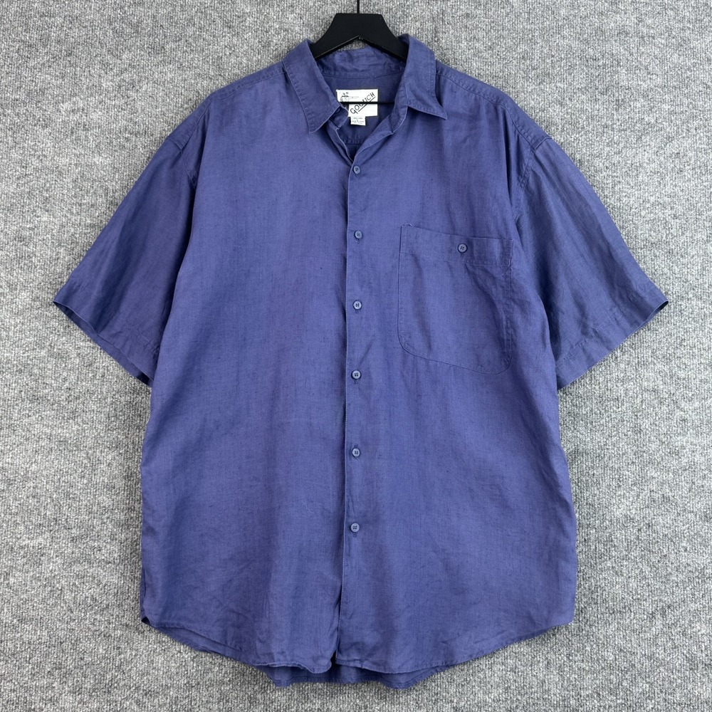 Vintage Button Up Goouch Shirt Mens L Blue Purple 100% Linen Short Sleeve 90s